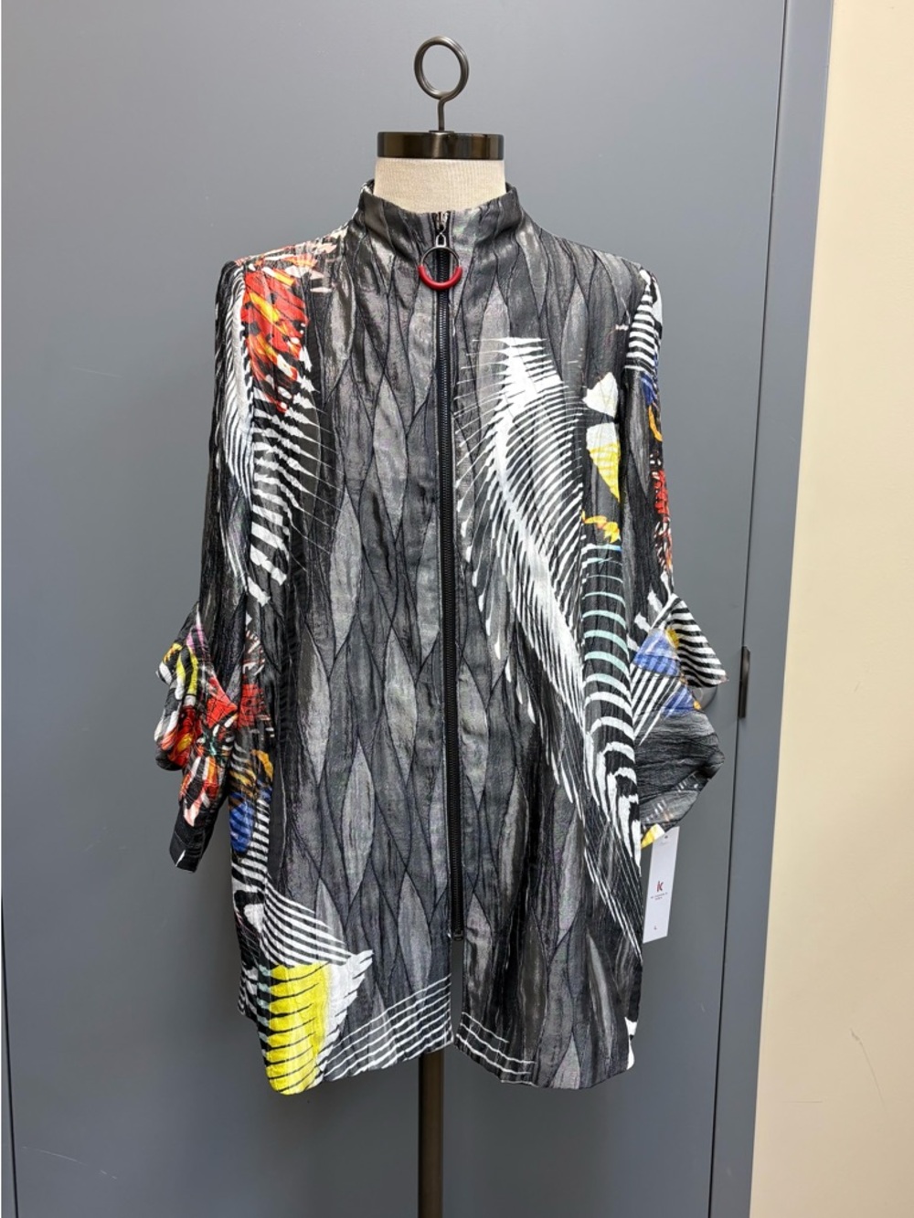 IC by Connie K L Abstract Print Crinkle Zip Jacket Lightweight NWT Made USA